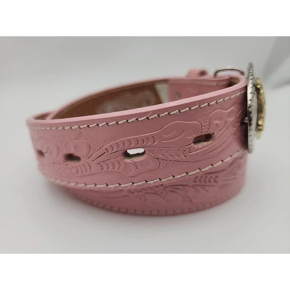 Nocona Belt Co Girls Pink Floral Tooled Leather Belt W/Horsehead Buckle 28